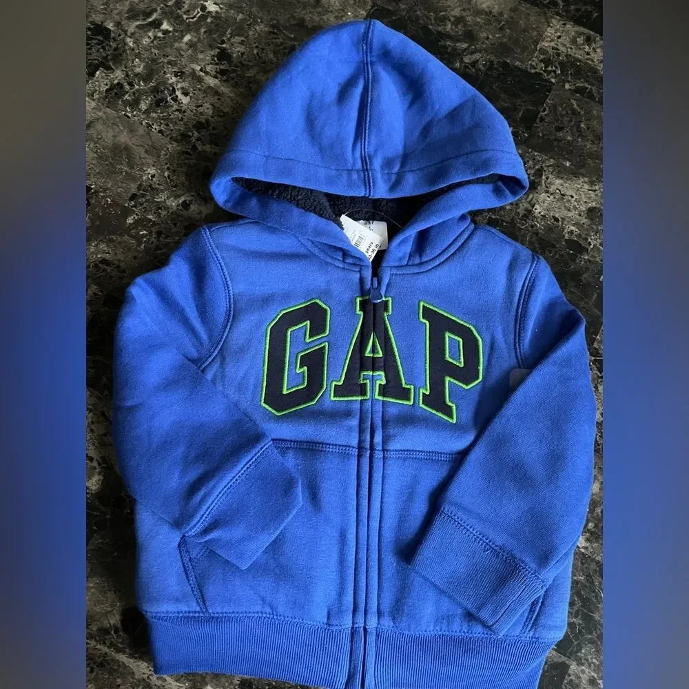 Gap Baby Front Logo Sherpa Lined Zip Hoodie Soft Cotton Fleece Winter Blue 2yrs